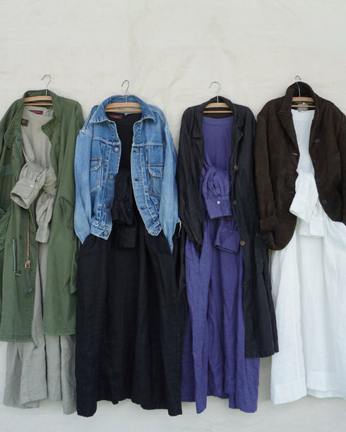 Linen Gather Dress / Khakibeige・Frenchblue